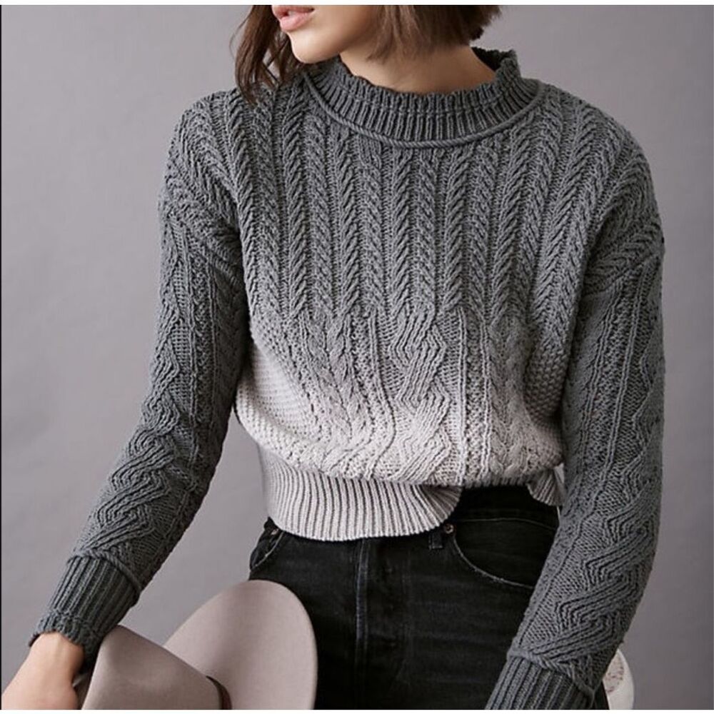 Anthropologie Dip-Dye Marci Pullover Cotton Sweater in Gray Cableknit Size XS‎